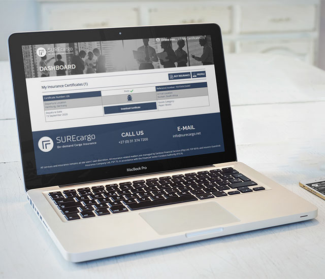 Surecargo insurance website on laptop