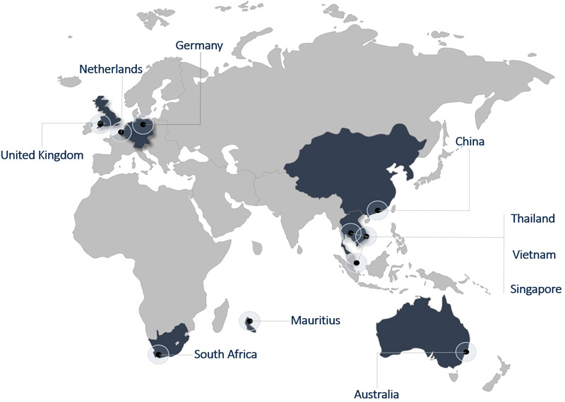 World map showing Santova's global presence