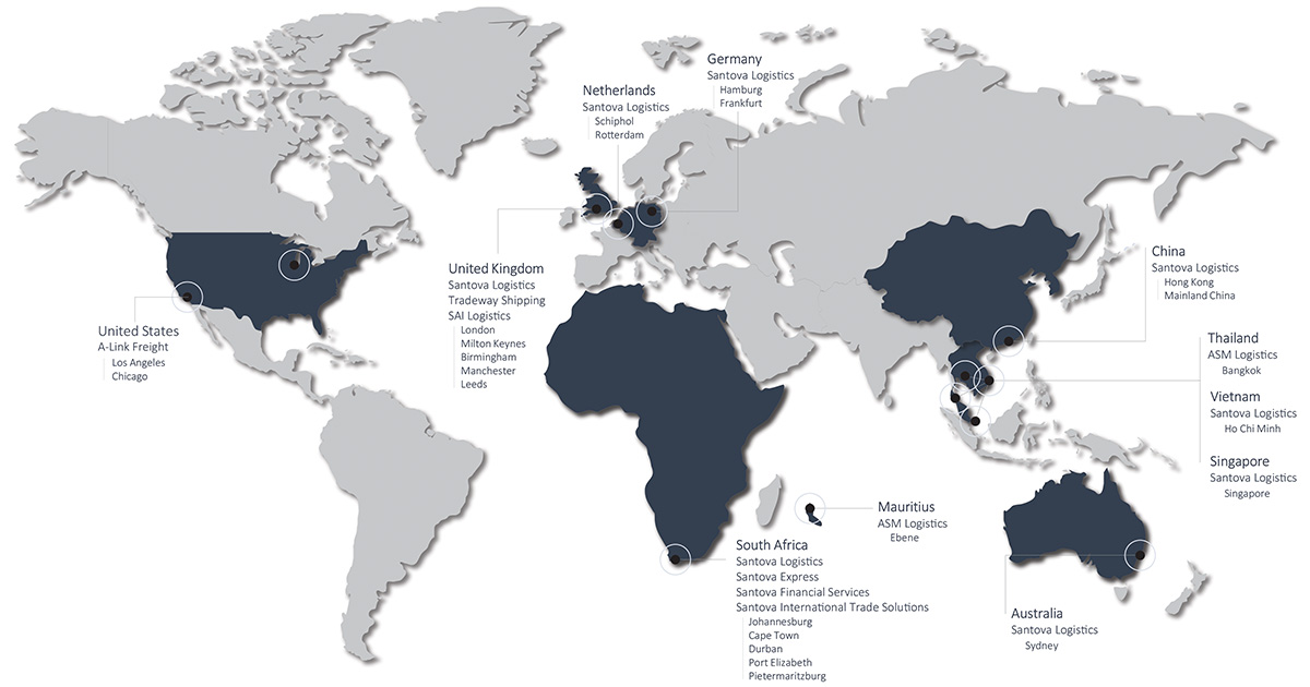 World map showing Santova offices